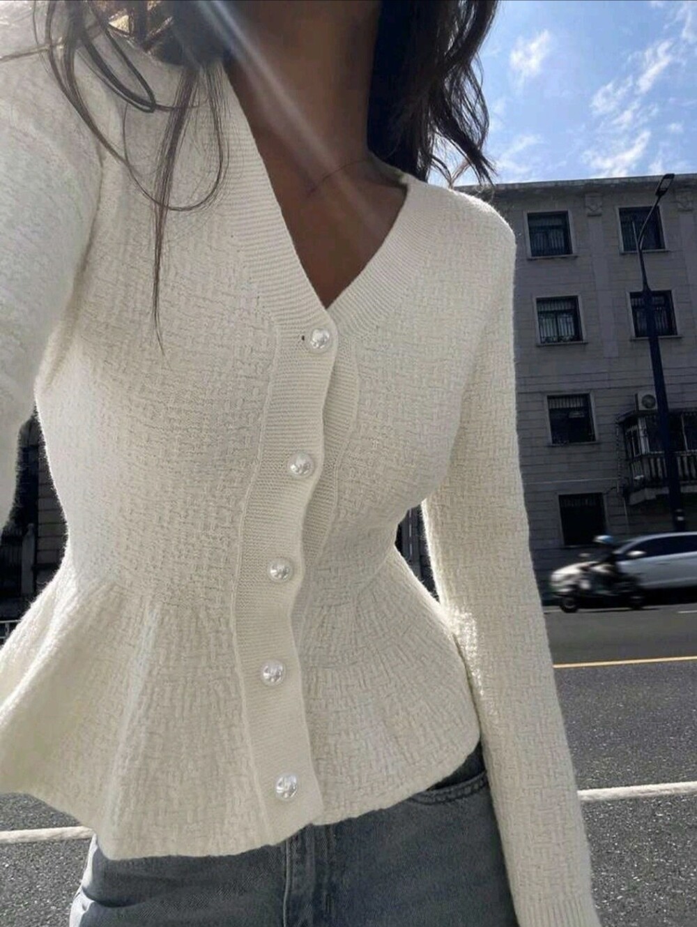 Women's Loose Cardigan With Pearl Buttons,